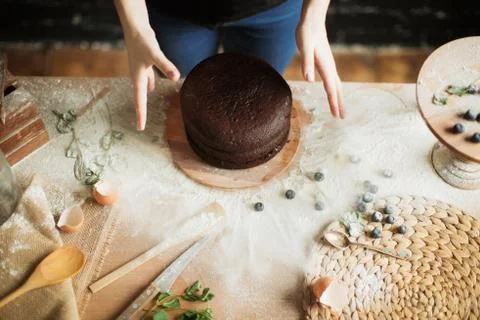 Cooking cake on the table and baking cake ingredients Stock Photos