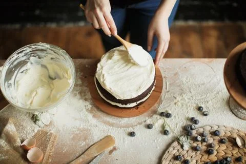 Cooking cake on the table and baking cake ingredients Stock Photos