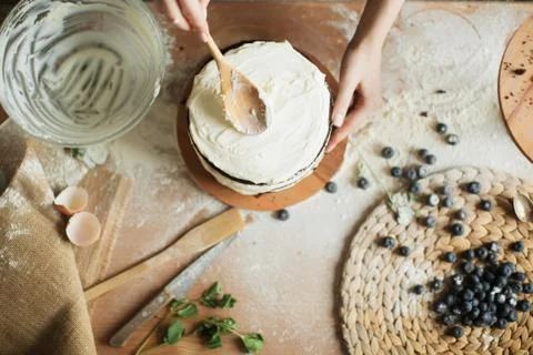 Cooking cake on the table and baking cake ingredients Stock Photos