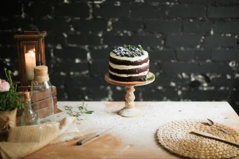 Cooking cake on the table and baking cake ingredients Stock Photos