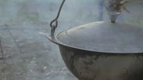 Cooking on a campfire in the forest in the evening Video stock 135839374