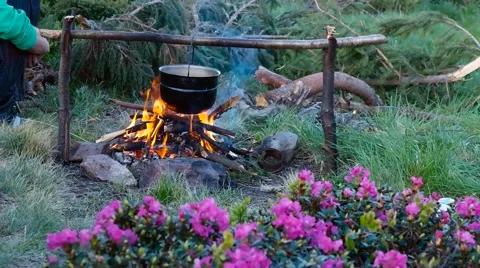 Cooking on a campfire in the mountains Stock Footage 59728779