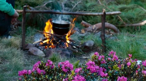 Cooking on a campfire in the mountains. Slow motion Stock Footage 59729061