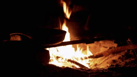 Cooking on a Campfire at Night Stock-Footage 293260528