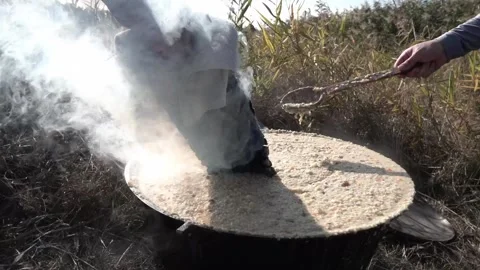 Cooking on a campfire on river Stock Footage 256734668