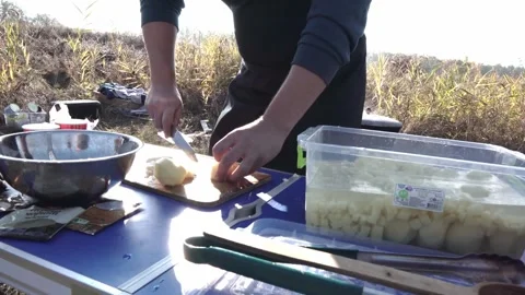 Cooking on a campfire on river Stock Footage 256734746