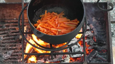 Cooking Carrots Fire Cast iron pot cooking vegetables over embers outdoors Stock Footage 312546186