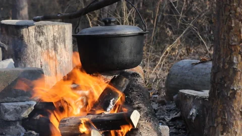 Cooking in a cauldron at the stake Stock Footage 120335540