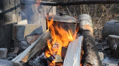 Cooking in a cauldron at the stake Stock Footage 120335627