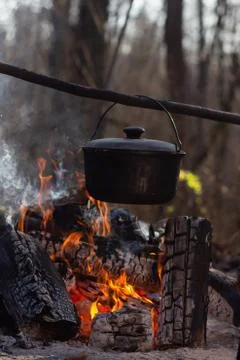Cooking in a cauldron at the stake Stock Photos