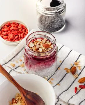 Cooking chia pudding for breakfast Stock Photos
