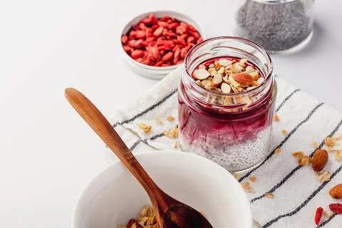 Cooking chia pudding for breakfast Stock Photos