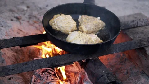 Cooking Chicken on a Campfire Stock Footage 293269400