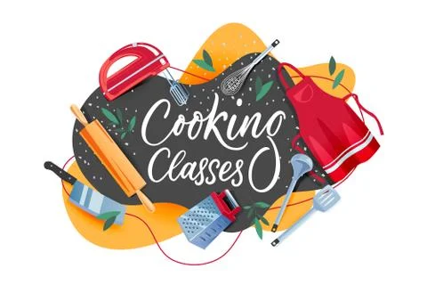 Cooking class banner design. Hand drawn calligraphy lettering and kitchen too Illustrazione stock