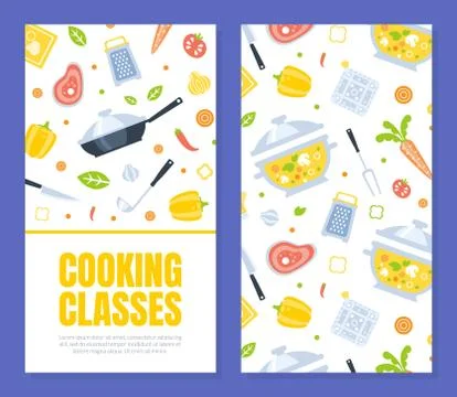 Cooking Class Card Template with Kitchen Utensils Seamless Pattern, Culinary Stock Illustration