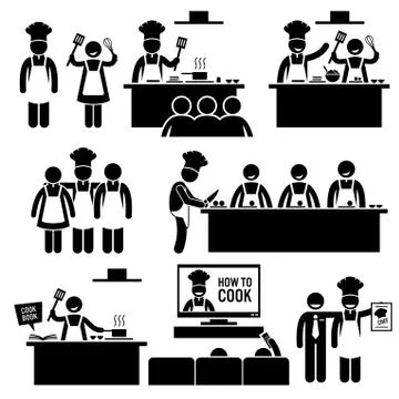 Cooking Class Chef Cook Stick Figure Pictogram Icons Stock Illustration