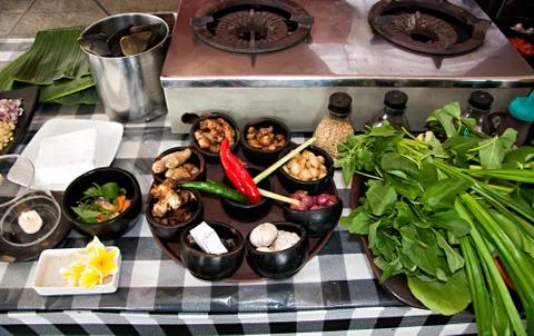 Cooking class, a table with different spices in bowls. Indonesia Bali food Stock Photos