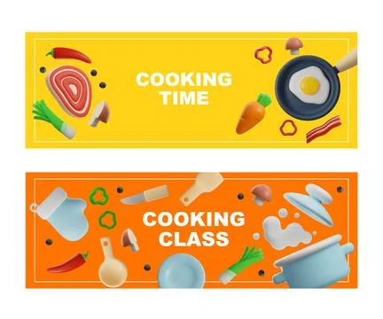 Cooking classes flyers with 3D food and utensils realistic vector illustration. Stock Illustration