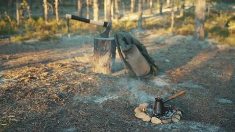 Cooking coffee in nature, campfire. 스톡 동영상 208136405