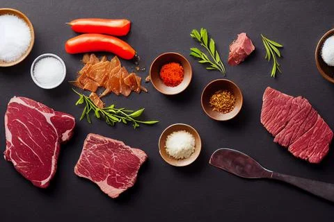 Cooking concept. Fresh beef chunks on table with ingredients ready for cooking. Stock Illustration