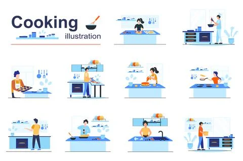 Cooking concept scenes seo with tiny people in flat design. Men and women 스톡 일러스트