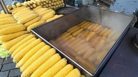 Cooking corn at street stand in warm weather Stock Footage 343356542