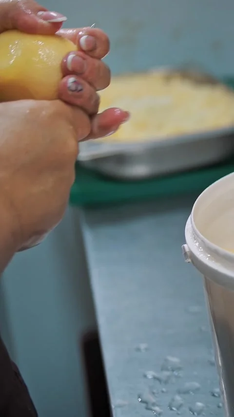 Cooking. cut raw potatoe. buffet restaurant kitchen. close-up. the chef chopping Stock Footage 319016828