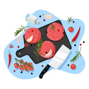 Cooking cutlets for burger, vector top view illustration. Cutting board with Stock Illustration