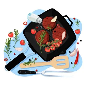 Cooking cutlets for burger, vector top view illustration. Grill pan with frie Stock Illustration