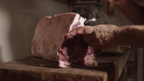 Cooking / Cutting Raw Steak / Slow Motion Stock Footage 143607778