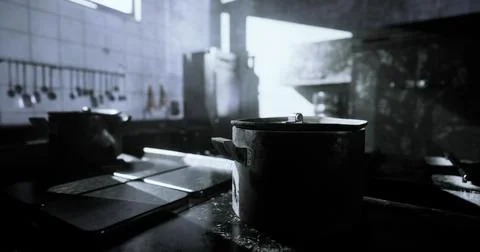 Cooking in a dimly lit kitchen with sunlight casting shadows on surfaces Stock Illustration