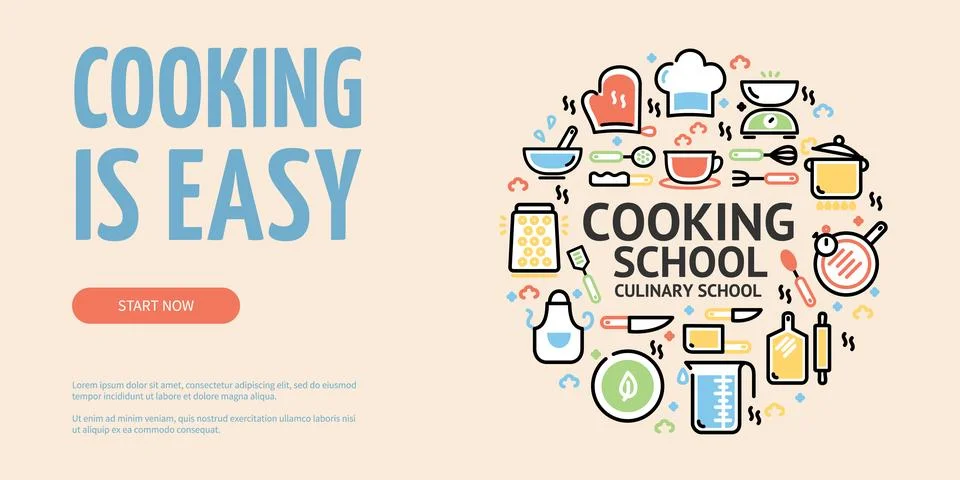 Cooking is Easy Culinary School Start Now Horizontal Placard Poster Banner Card Stock Illustration