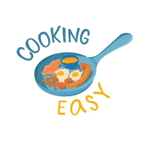 Cooking easy lettering sing with breakfast or brunch dish eggs, bacon, juice Stock Illustration