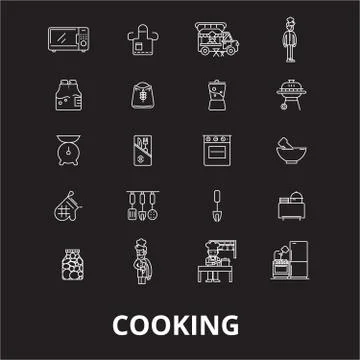 Cooking editable line icons vector set on black background. Cooking white Stock Illustration