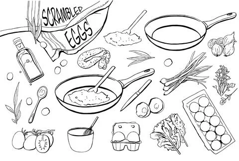 Cooking Elements Set for Scrambled Eggs Making. Hand Drawn Vector Illustratio Stock Illustration