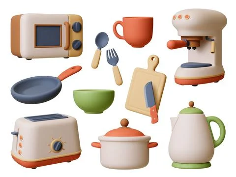 Cooking equipment 3d render. Isolated kitchen appliances and crockery. Pan Stock Illustration