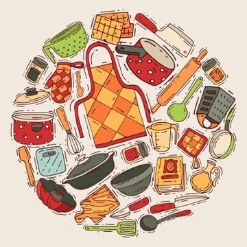Cooking equipment round pattern vector kitchenware or cookware for food with Stock Illustration