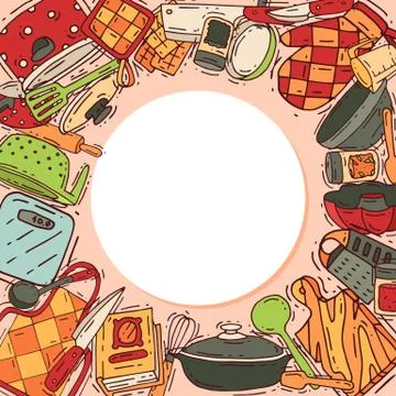 Cooking equipment round pattern vector kitchenware or cookware for food with 스톡 일러스트