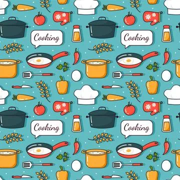 Cooking Equipment Seamless Pattern Design Illustration in Flat Cartoon Temp.. Illustrazione stock