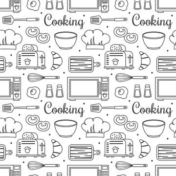 Cooking Equipment Seamless Pattern Design Illustration in Flat Cartoon Temp.. Illustrazione stock