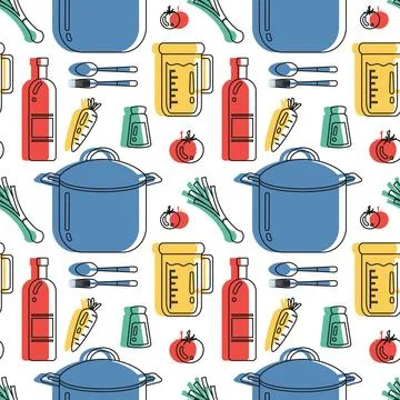 Cooking Equipment Seamless Pattern Design Illustration in Flat Cartoon Temp.. Illustrazione stock