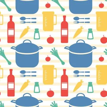 Cooking Equipment Seamless Pattern Design Illustration in Flat Cartoon Temp.. Illustrazione stock