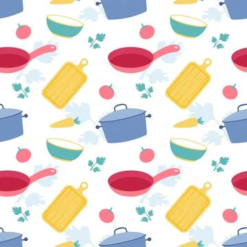 Cooking Equipment Seamless Pattern Design Illustration in Flat Cartoon Temp.. Illustrazione stock