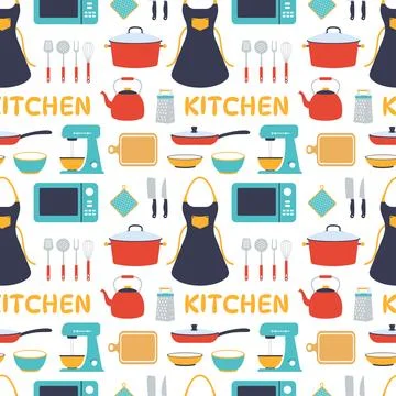 Cooking Equipment Seamless Pattern Design Illustration in Flat Cartoon Temp.. Illustrazione stock
