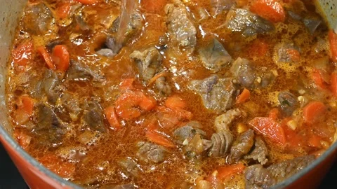 Cooking everything well, the meat, the carrot, the fried tomato... Stock Footage 221355976