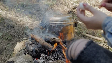 Cooking on fire Stock Footage 88719544