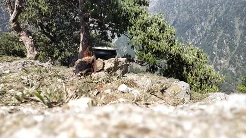 Cooking on fire in forest Video stock 154758632