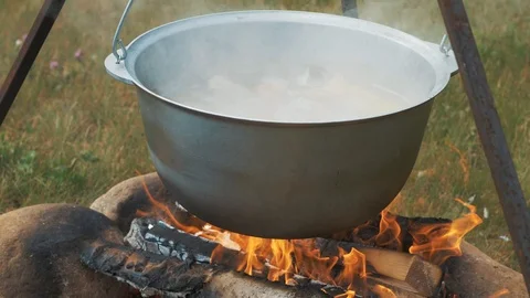 Cooking on the fire in the pot Stock Footage 93139142