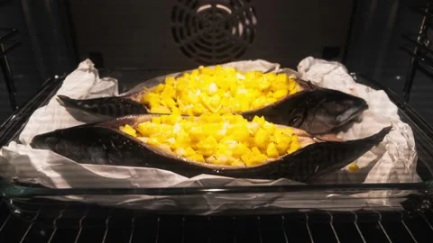 Cooking fish and chips, baking in the oven, time-lapse Stock Footage 167245465