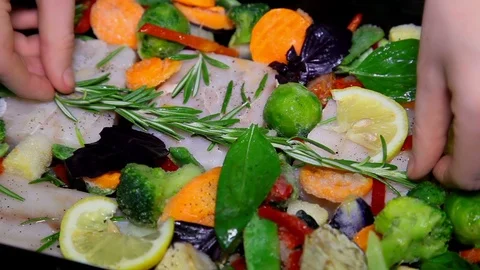 Cooking Fish And Vegetable Stock Footage 92238006